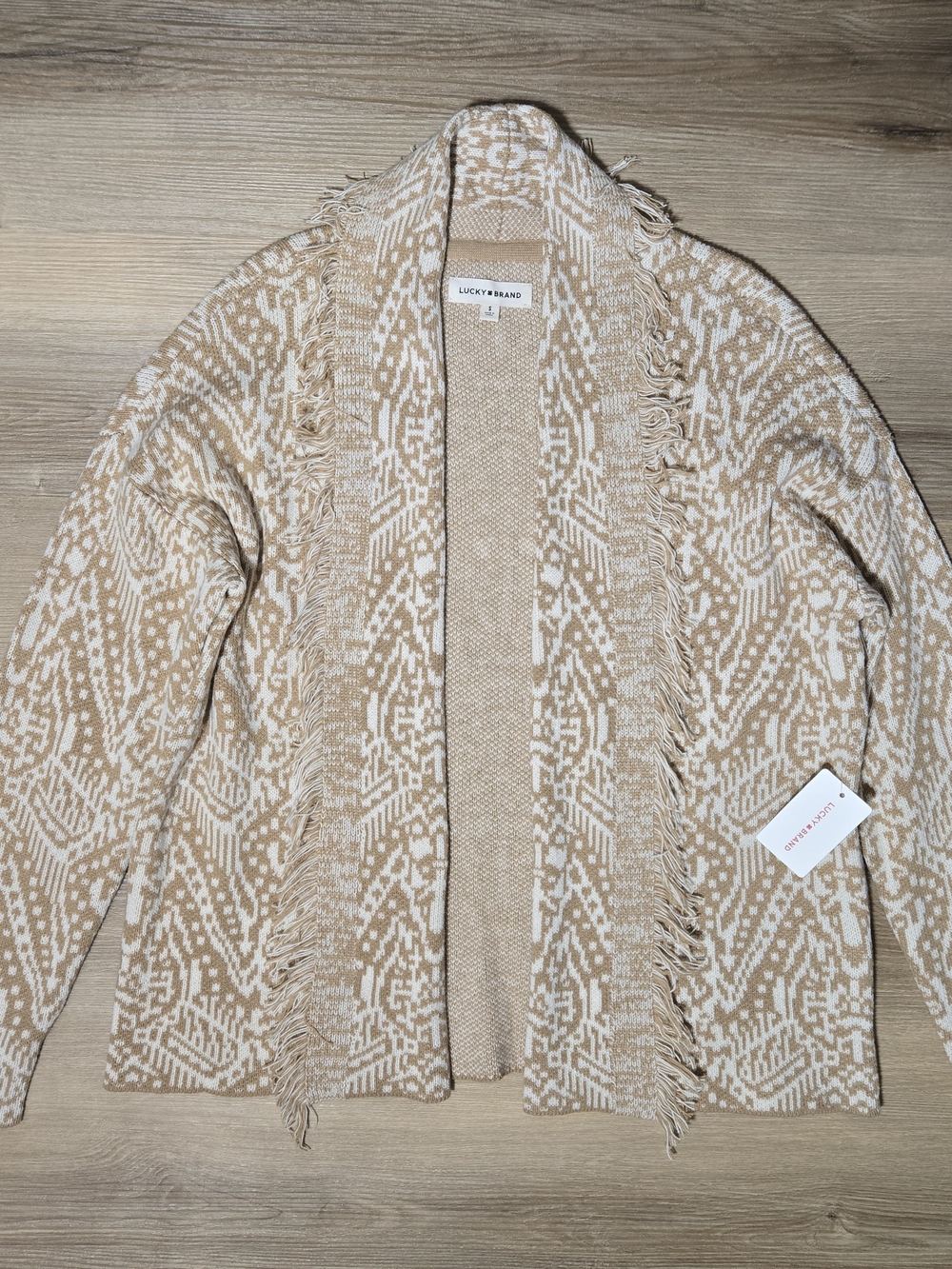 Lucky Brand Tan and Cream Fringe Open-Front Cardigan
